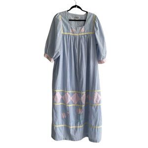 SAYBURY Vintage Striped Seersucker Housecoat Nightgown Nightdress Blue White L